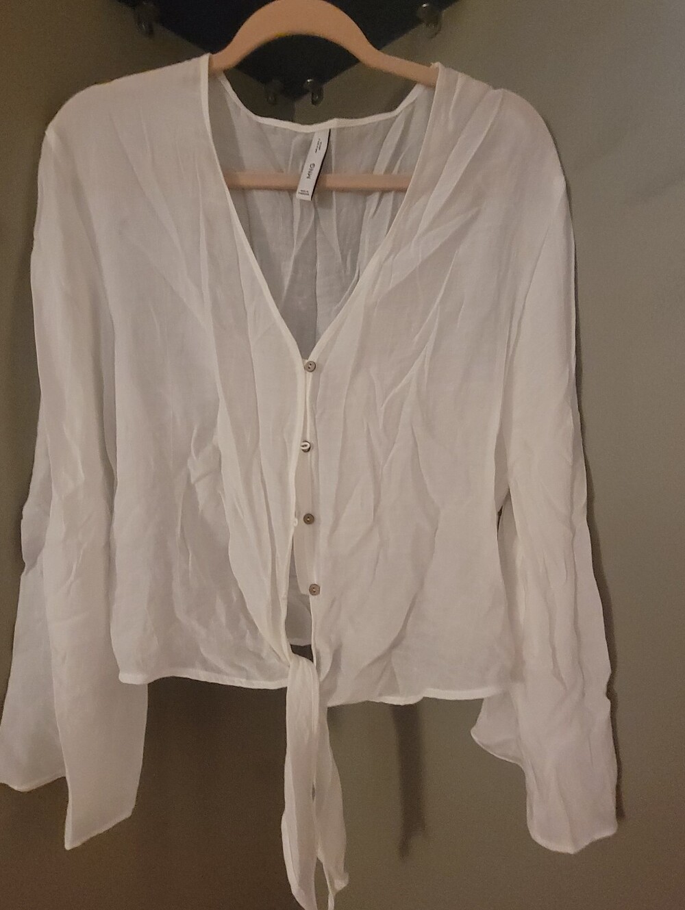 MNG White Tie-Knot Front V-Neck Blouse